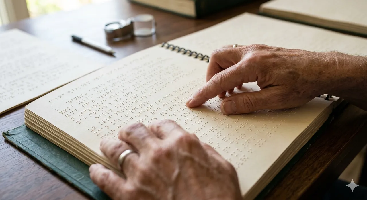 Closeup of hands reading braille on a tactile page