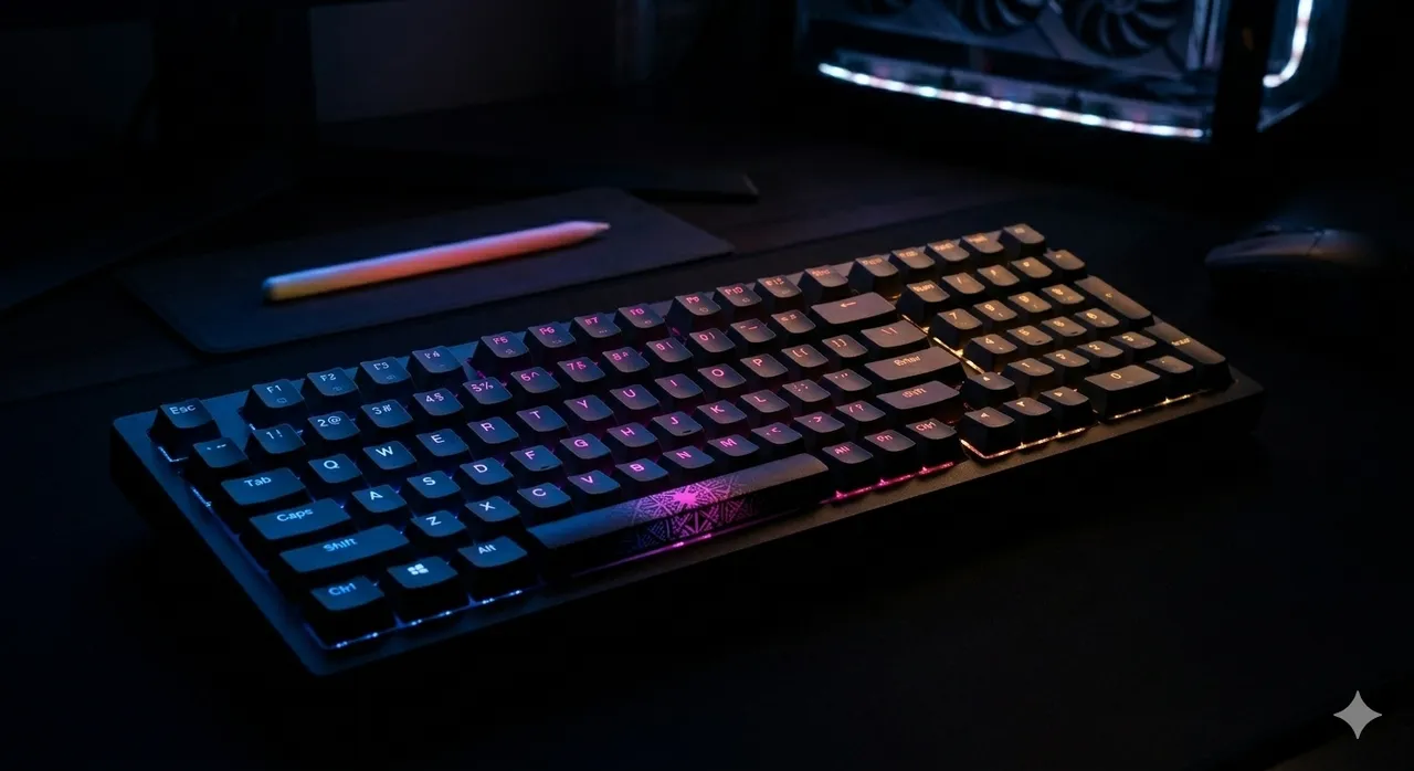 A keyboard with illuminated keys in a dark environment