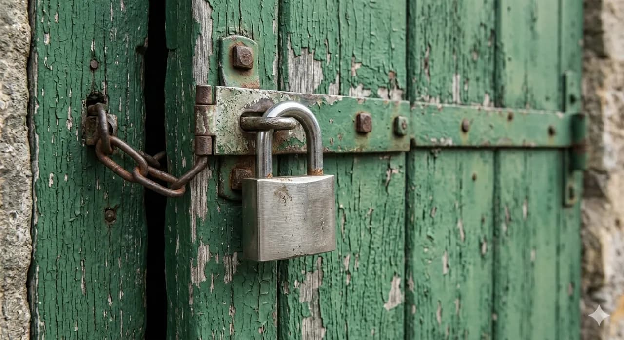 A steel padlock on a weathered green door