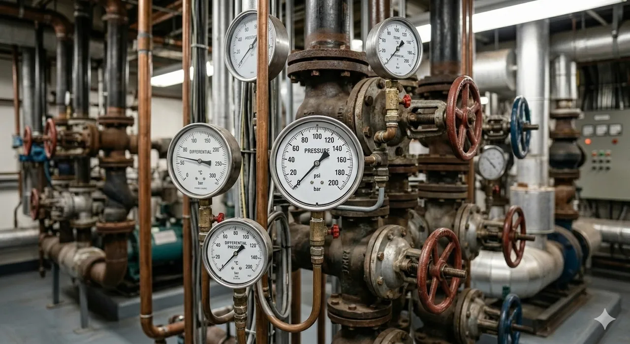 Industrial gauges and pressure meters on metal pipes