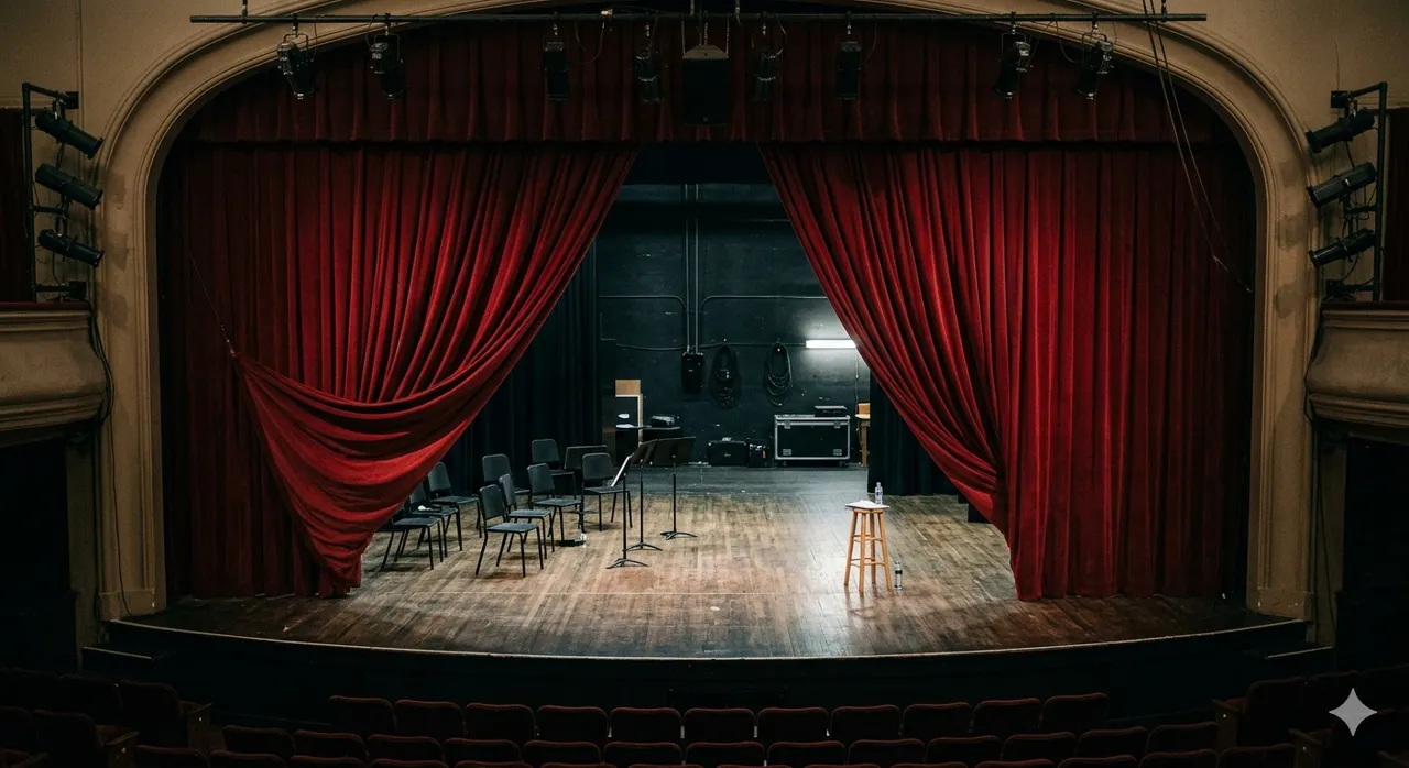 Stage curtains half-drawn over an empty rehearsal space