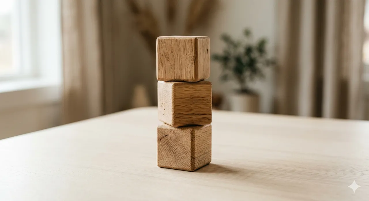 Three stacked wooden blocks on a light surface