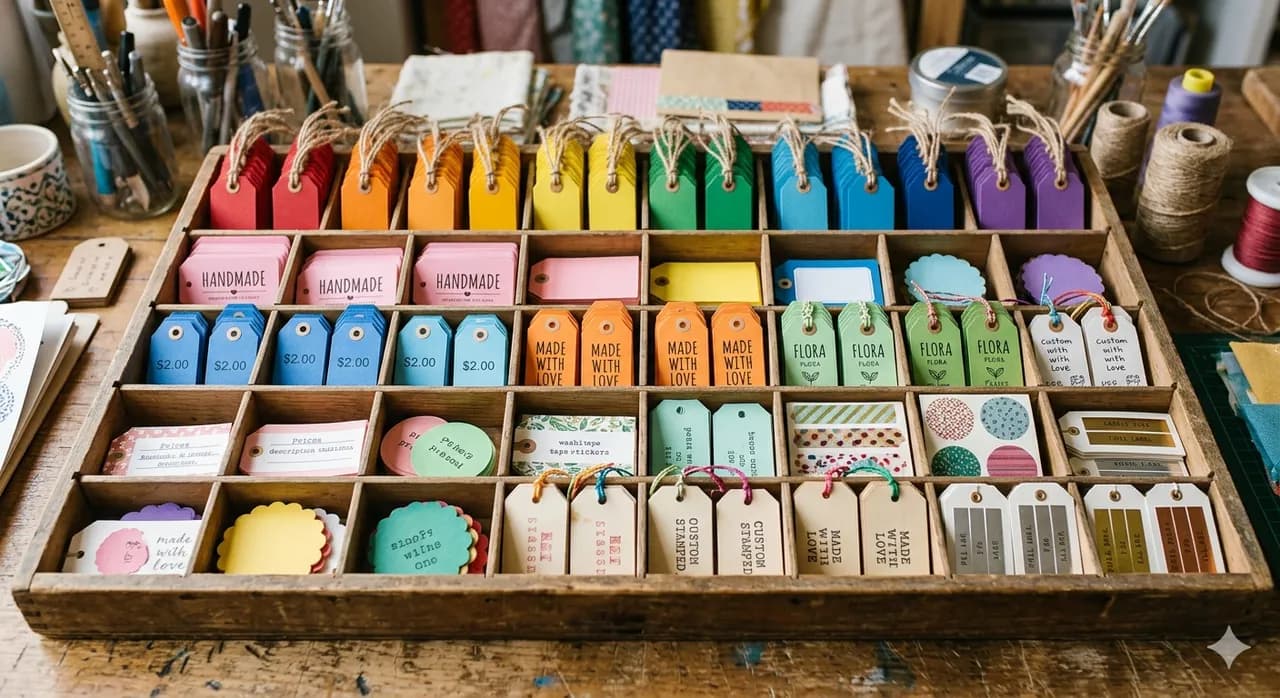 Colorful tags and labels sorted into rows
