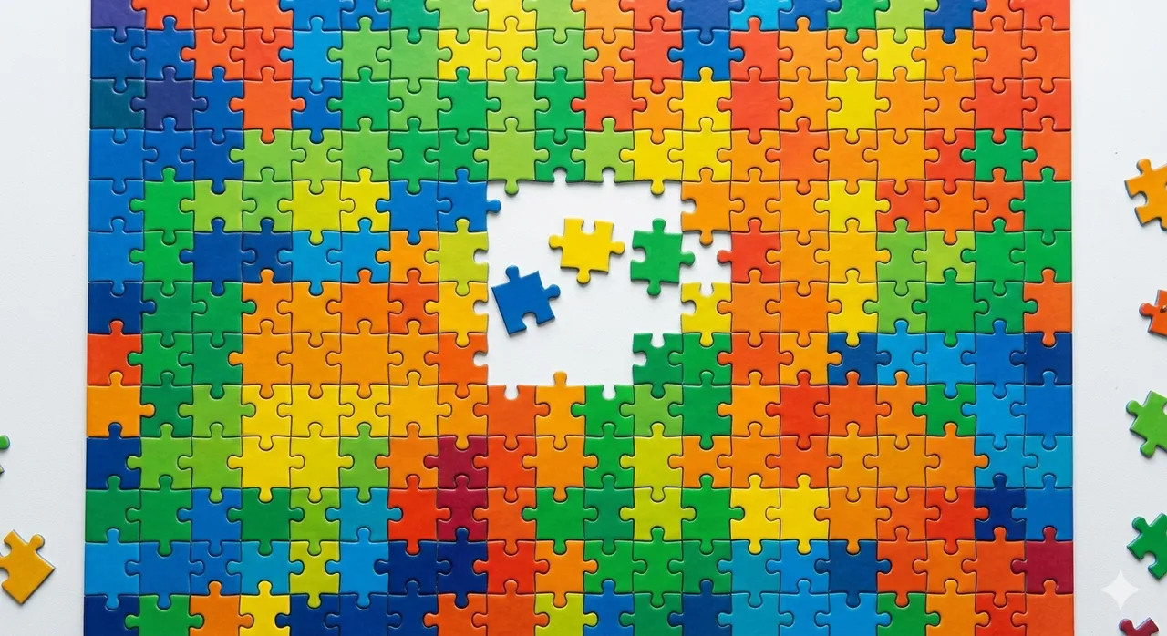 Colorful interlocking puzzle pieces on a white surface