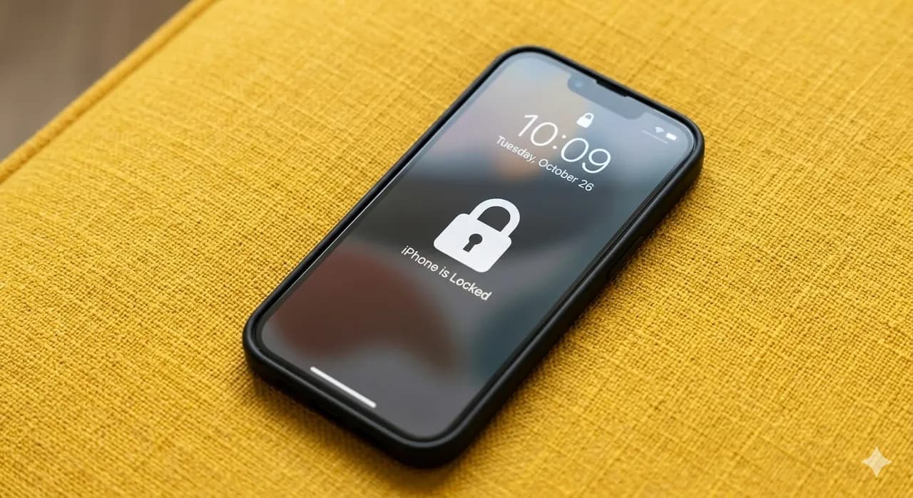 Black iPhone with lock icon on yellow textile