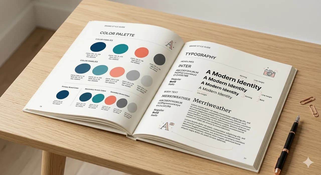 An open style guide book with color swatches and typography samples