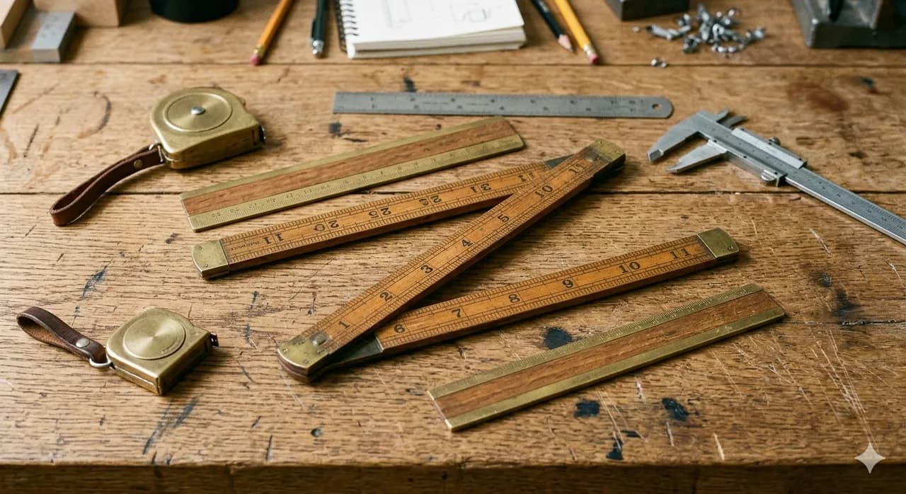 A ruler and measuring tools on a wooden surface
