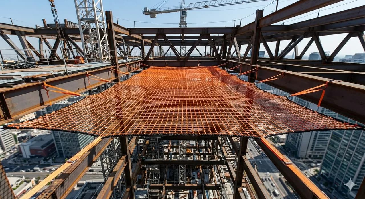 A safety net stretched beneath a high structure