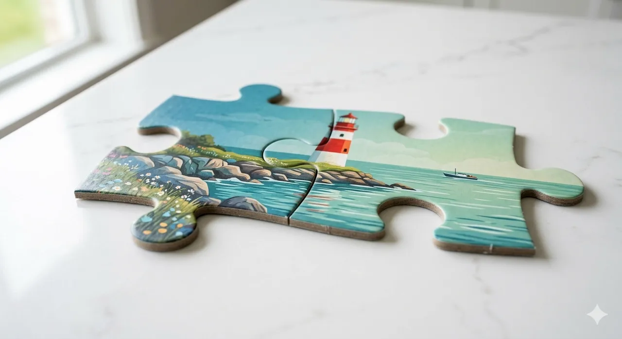 Two puzzle pieces fitting together on a clean surface