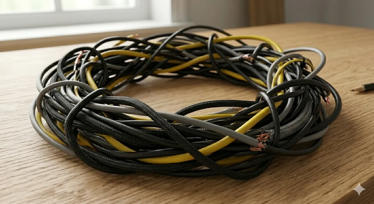 Tangled cables forming a circular loop
