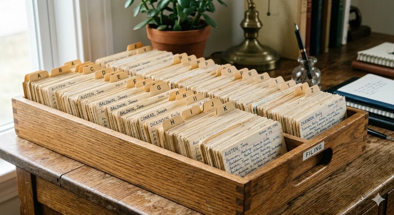 Organized filing cards in a wooden tray
