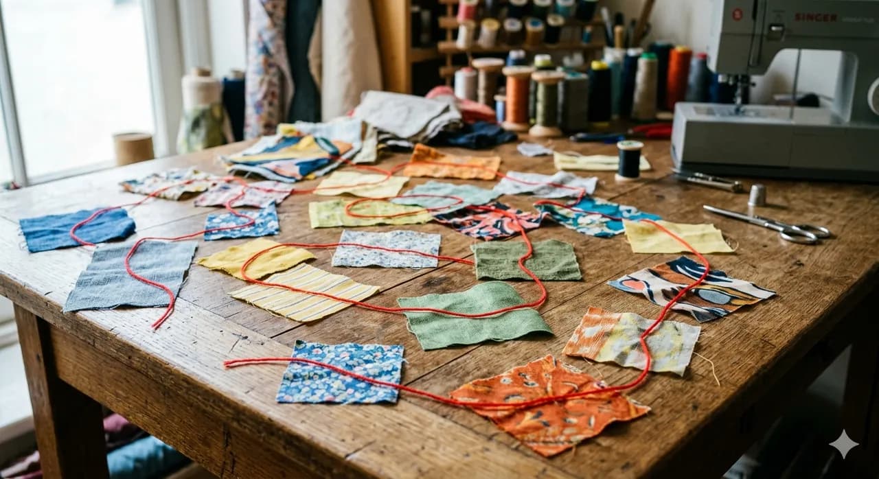 A single bright thread connecting scattered fabric swatches on a table