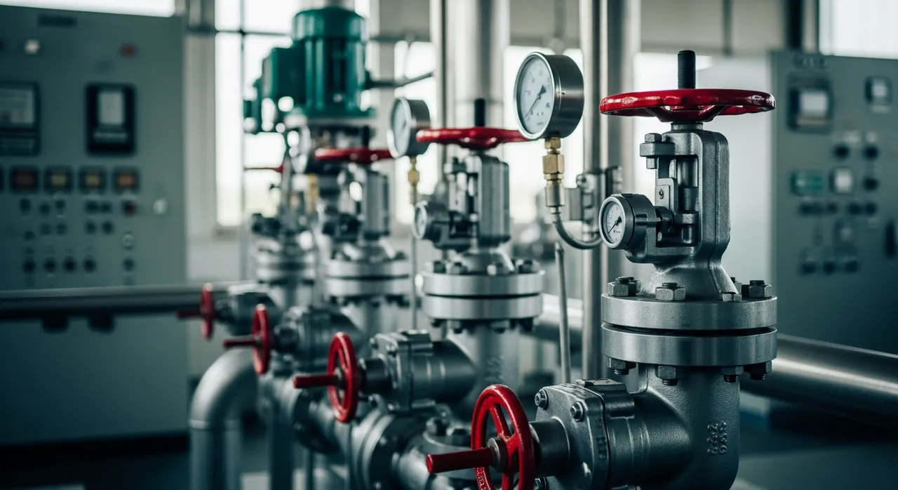 Industrial pipeline valves and pressure gauges in a control room