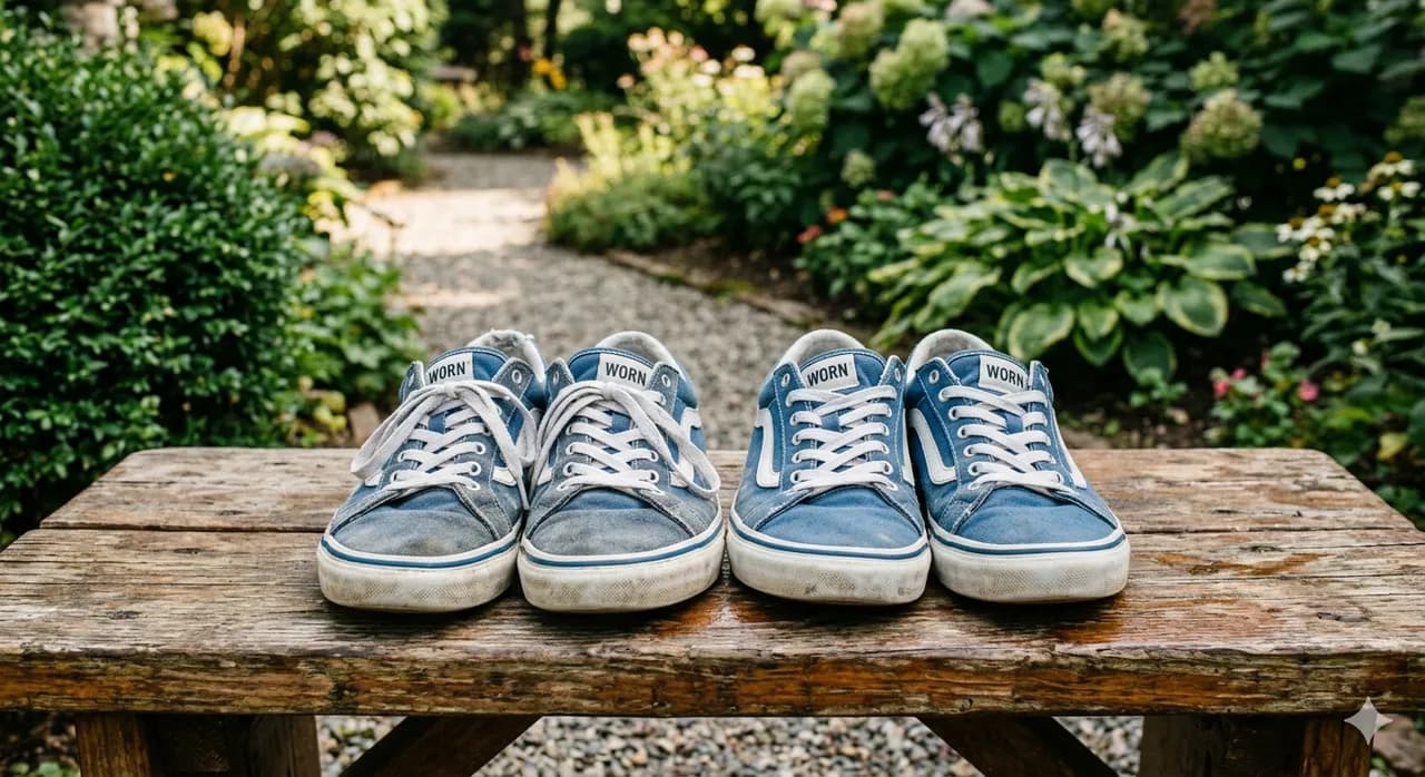 Two pairs of almost-identical shoes resting side by side on a bench