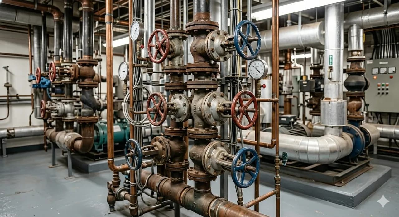 Industrial pipes and valves in a mechanical room