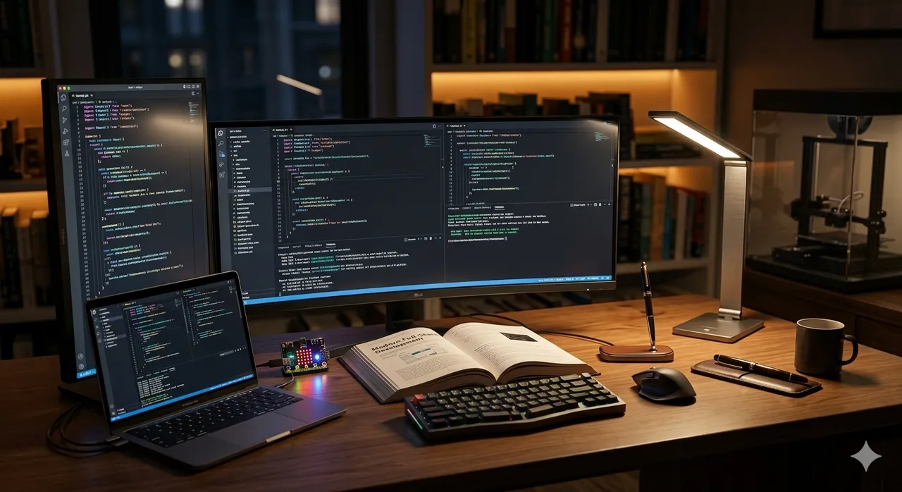 A developer desk with modern gadgets and screens showing code