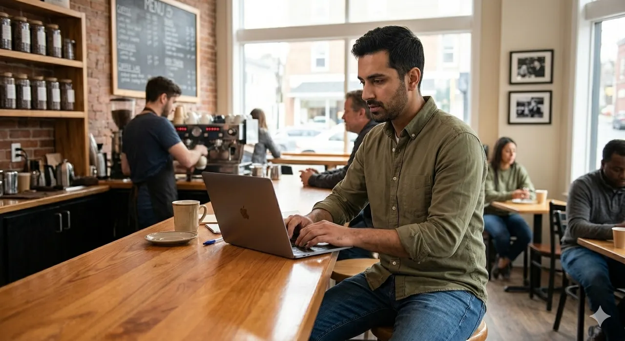 A man in a green shirt and jeans looking at his laptop sitting at a cafe counter