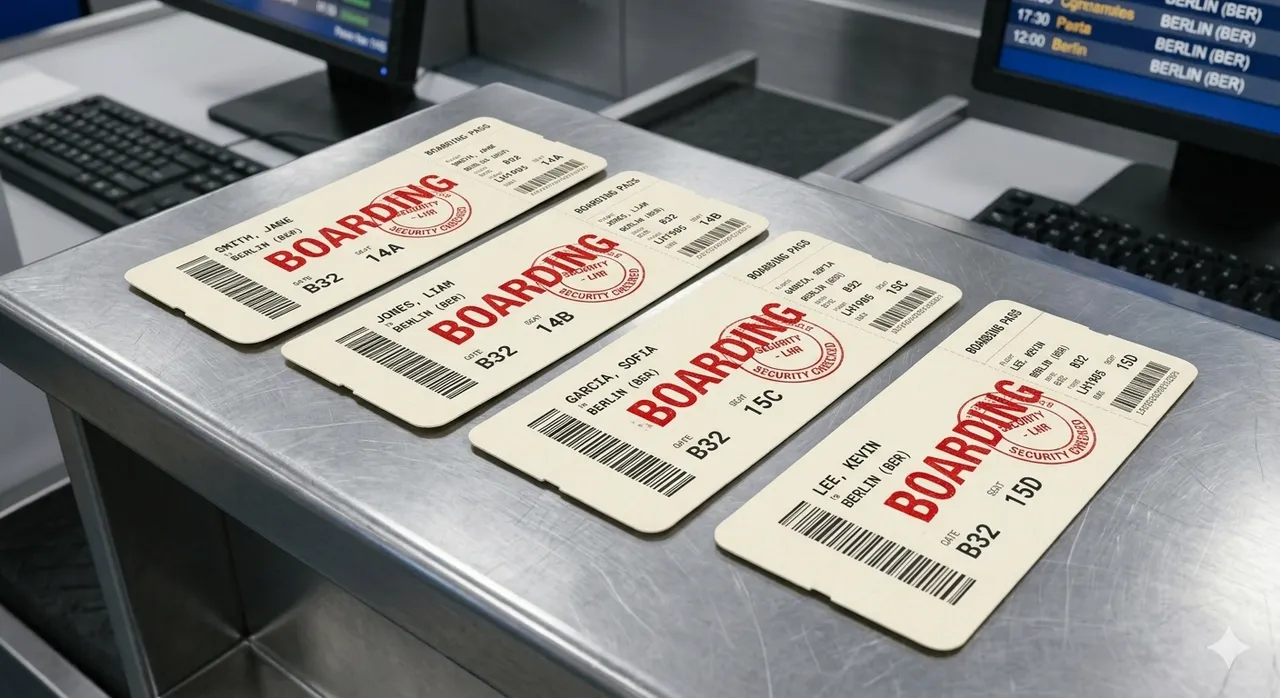 A row of stamped-red boarding passes lined up on a counter