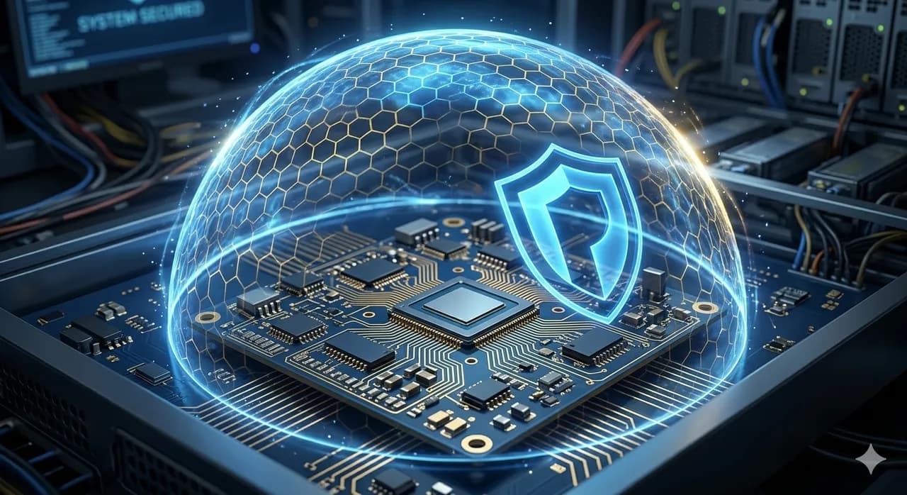 A shield icon protecting a circuit board