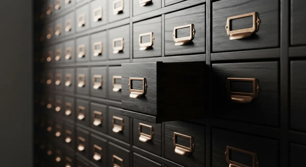A wall of dark wooden drawers with empty brass label holders, lit from above-left