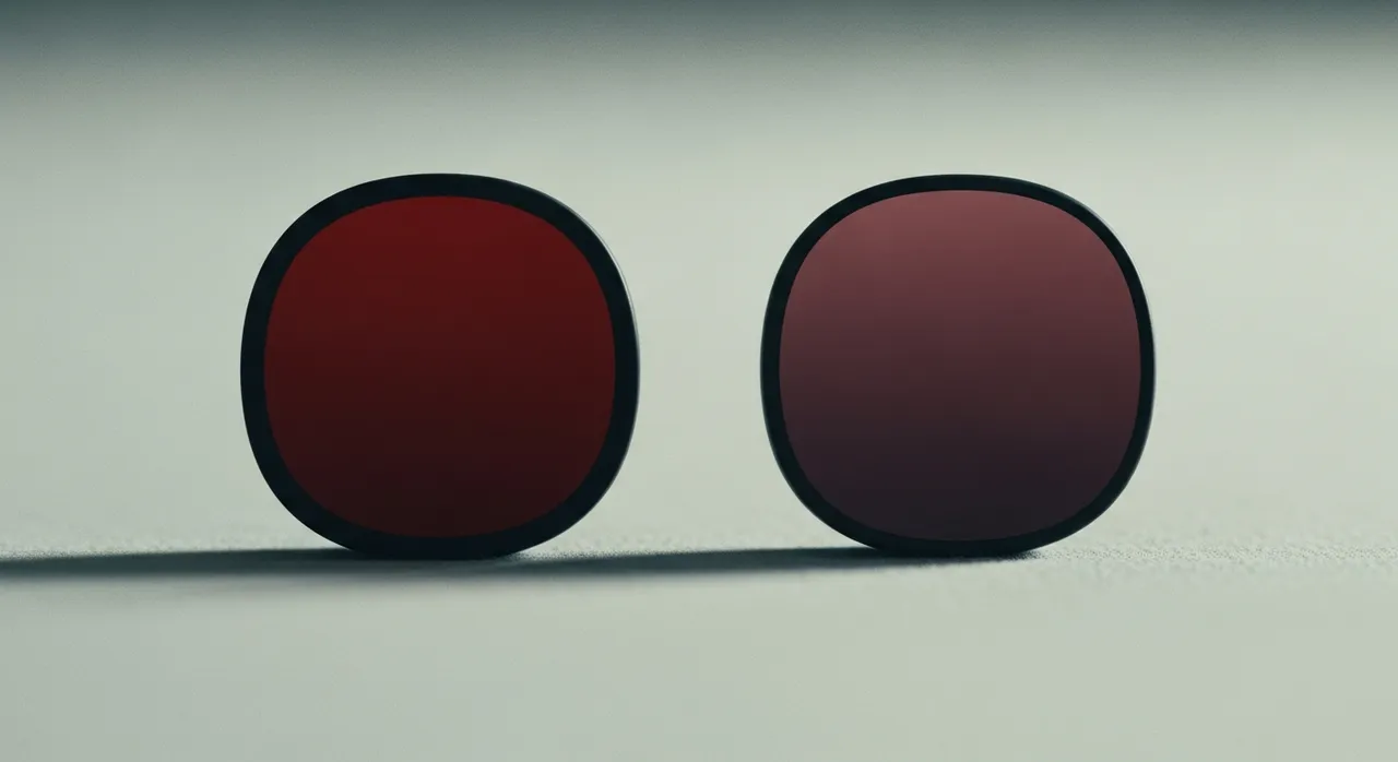Two dark rounded UI badges side by side on a soft neutral surface, the left a clean deep red and the right a muddier maroon gradient