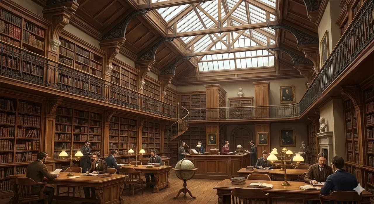 An 1800s library with tall bookshelves and large overhead windows