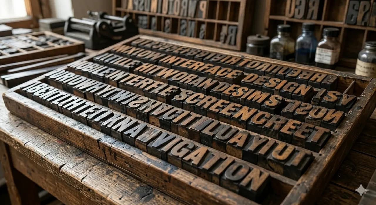 Wooden letterpress type blocks arranged in rows