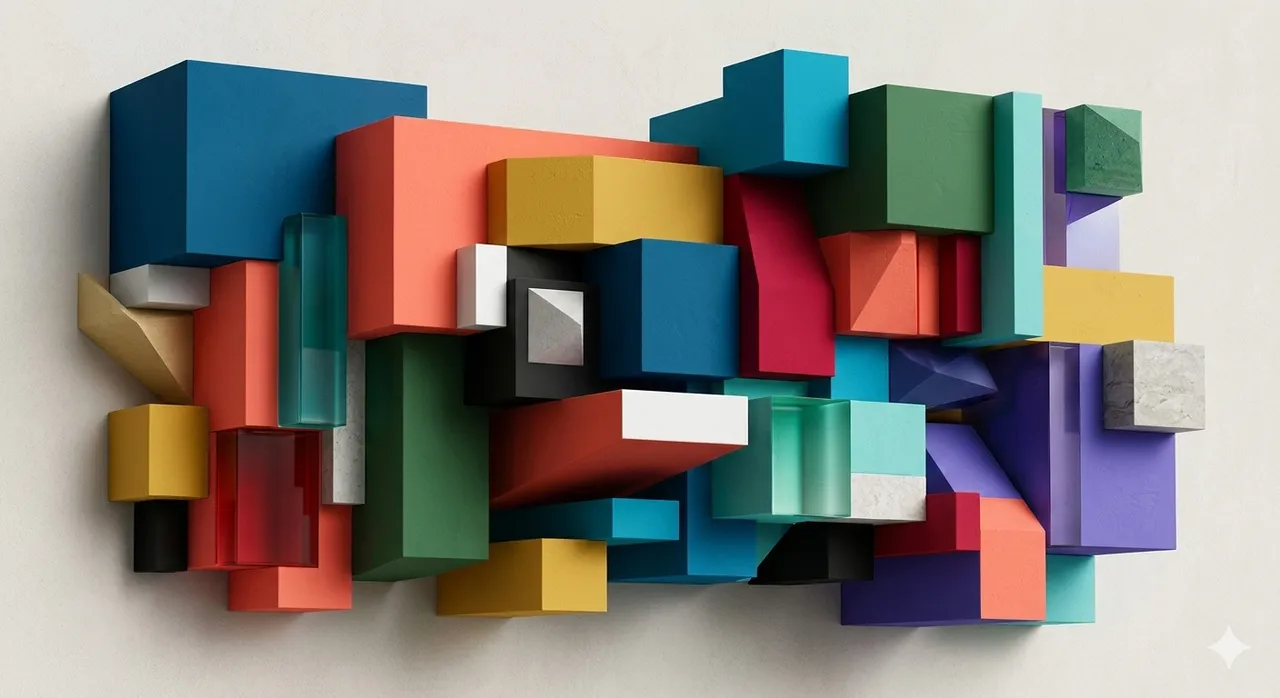 An abstract composition of colorful geometric blocks