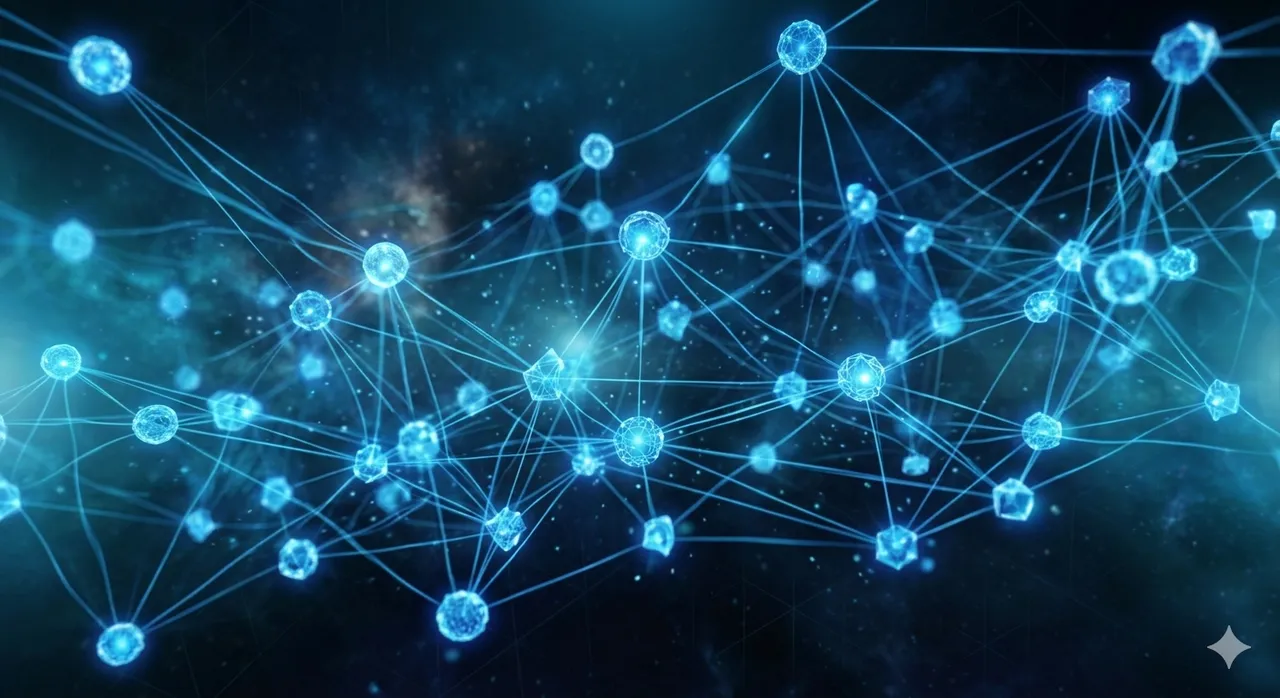 An abstract network of connected nodes glowing in blue