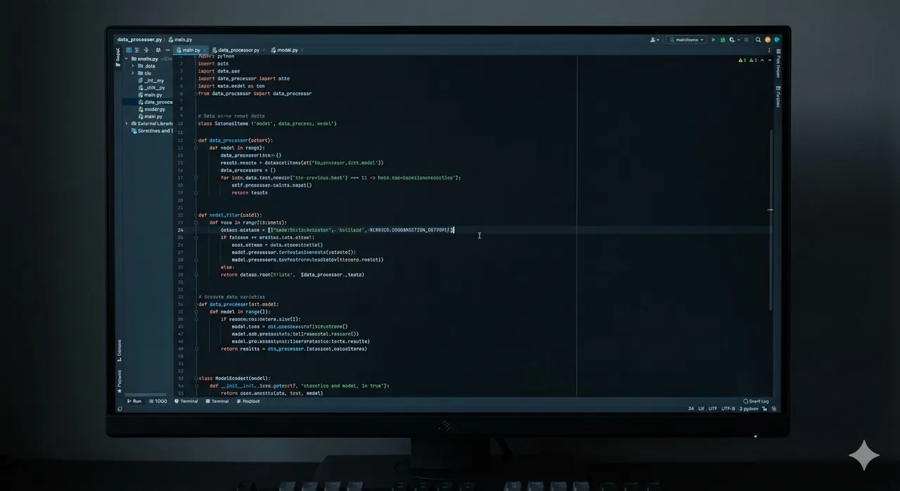 A monitor displaying lines of code in a dark editor