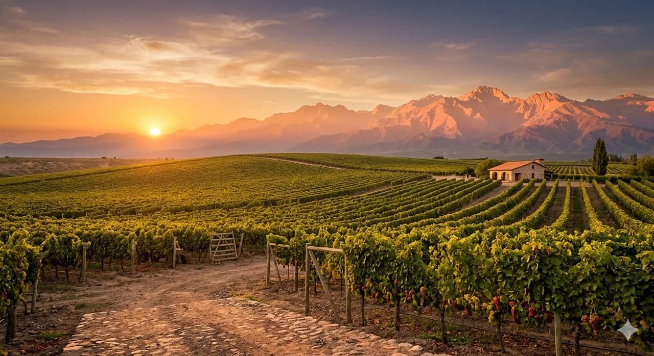 Forground of vineyards with a sunset shining on the mountains in the background