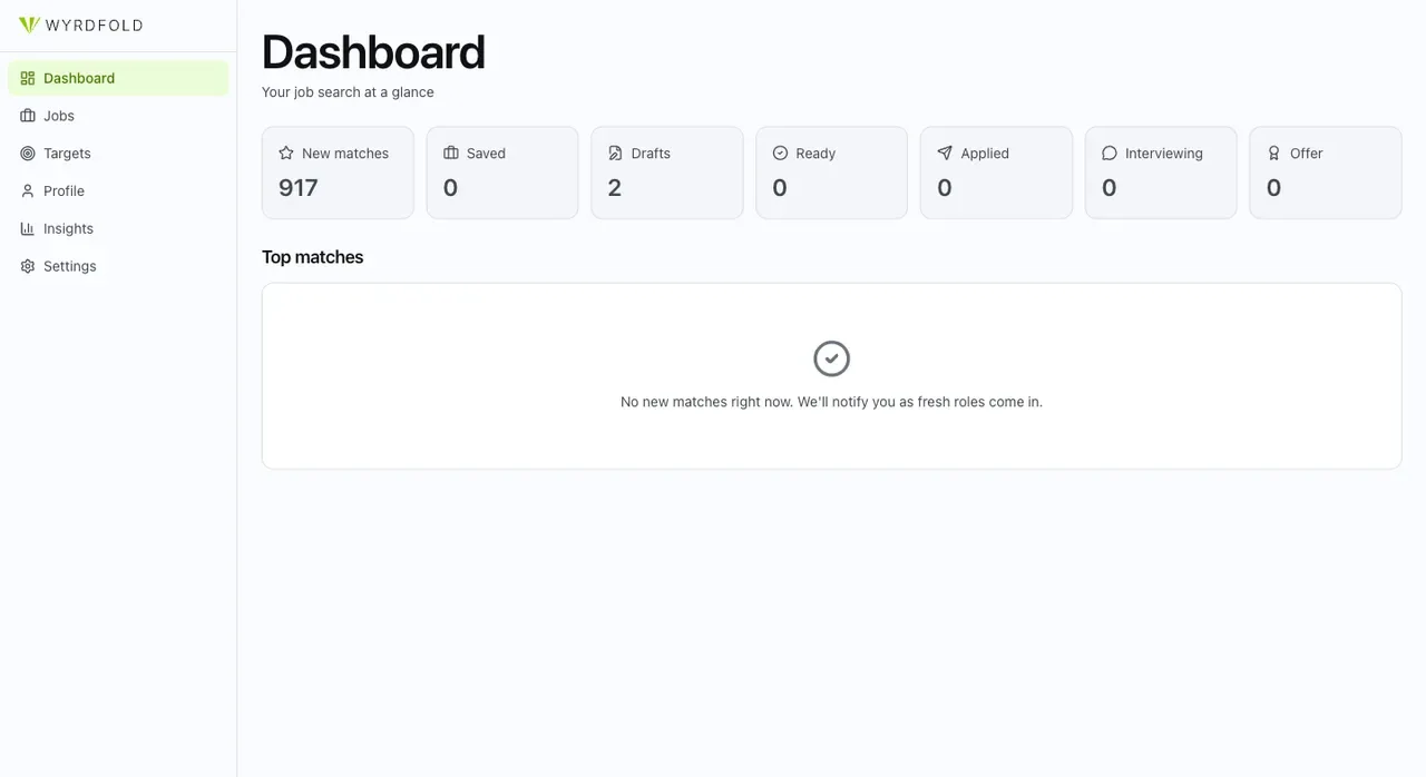 WyrdFold dashboard showing a job-search pipeline with 917 new matches and saved, applied, interviewing, and offer counters
