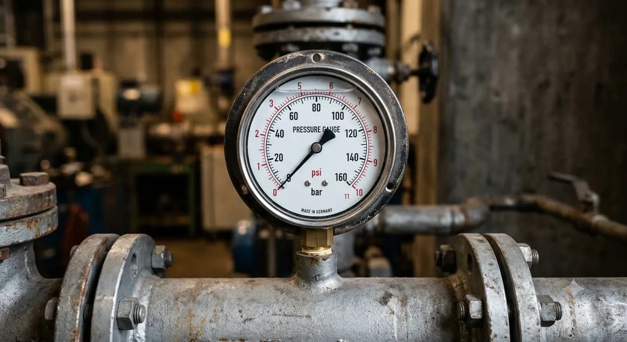 Analog pressure gauge with a needle resting at zero