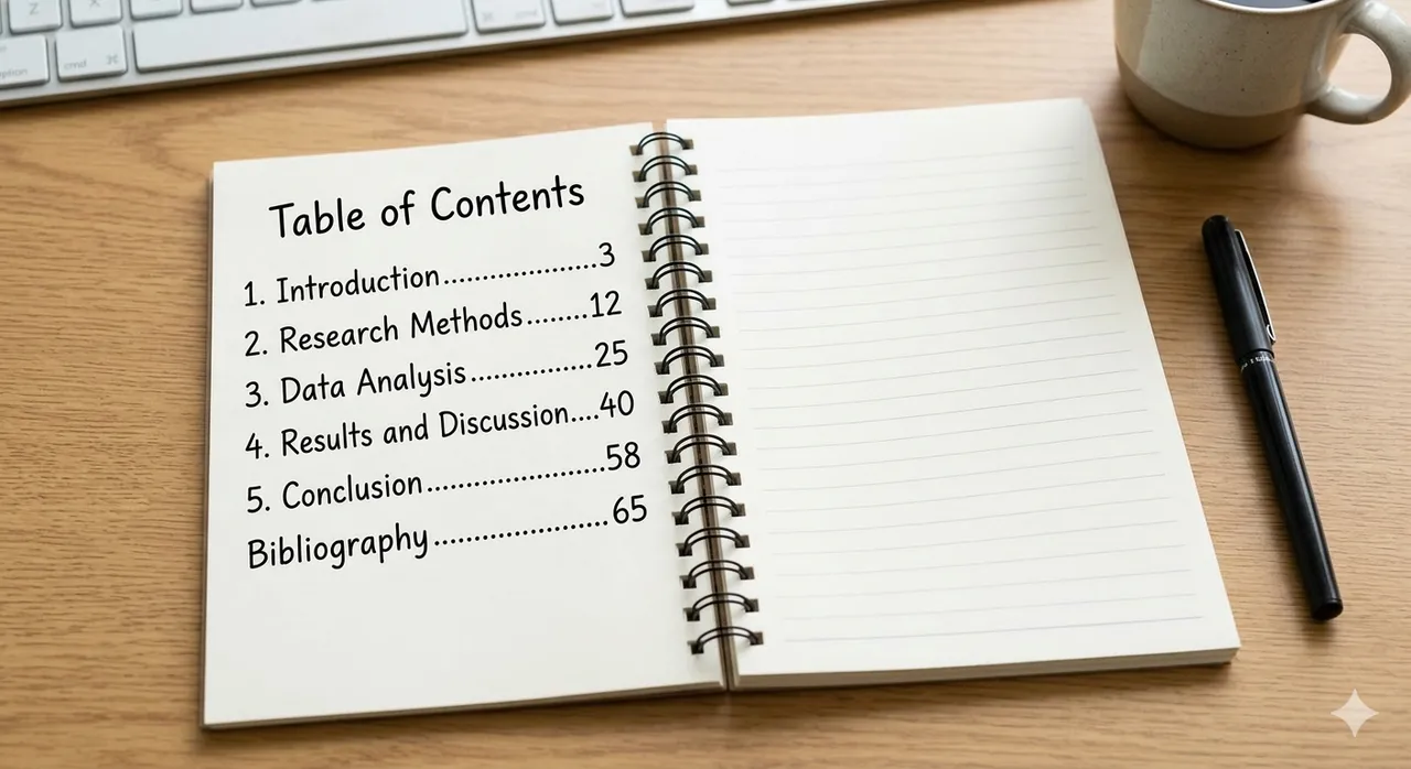 A clean desk with an open notebook showing a table of contents