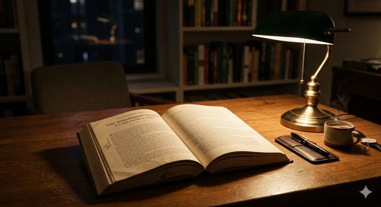 An open book on a lit desk