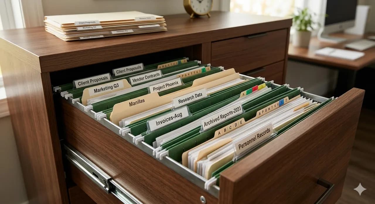 Neatly organized files in a filing cabinet