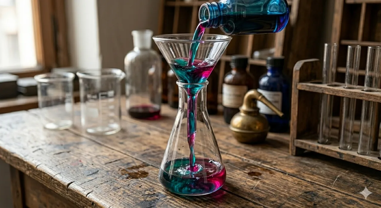 A funnel pouring colored liquid into a glass flask
