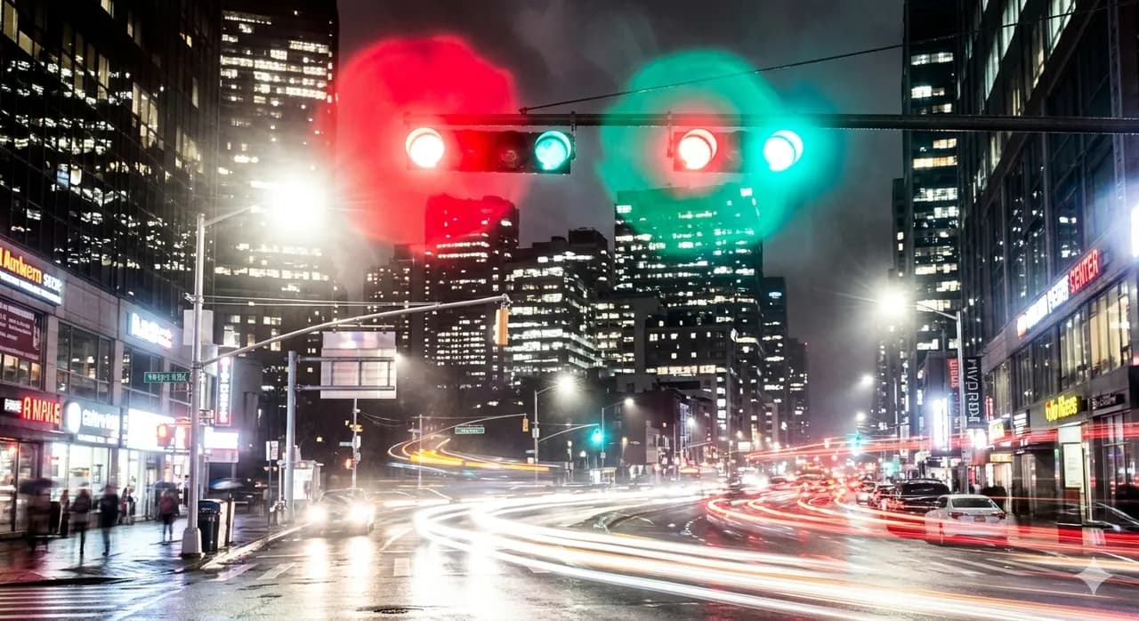 Overexposed traffic lights in a city at night