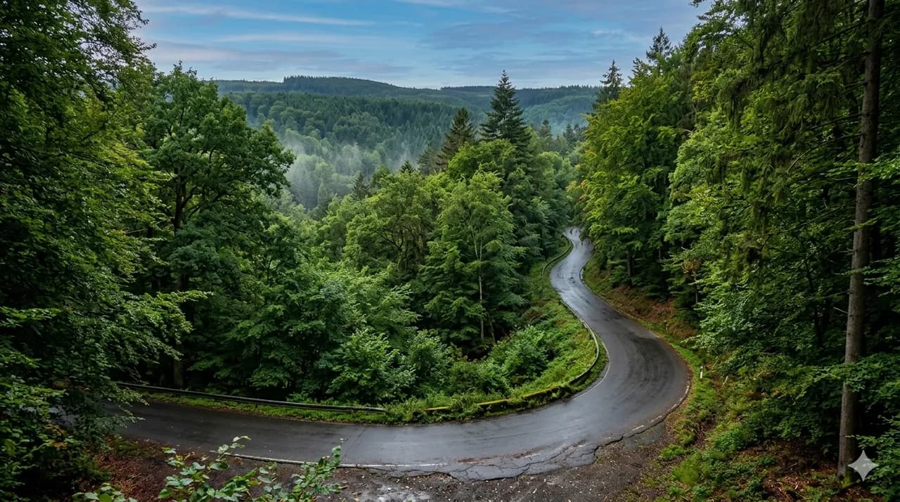 A winding road through a lush green forest