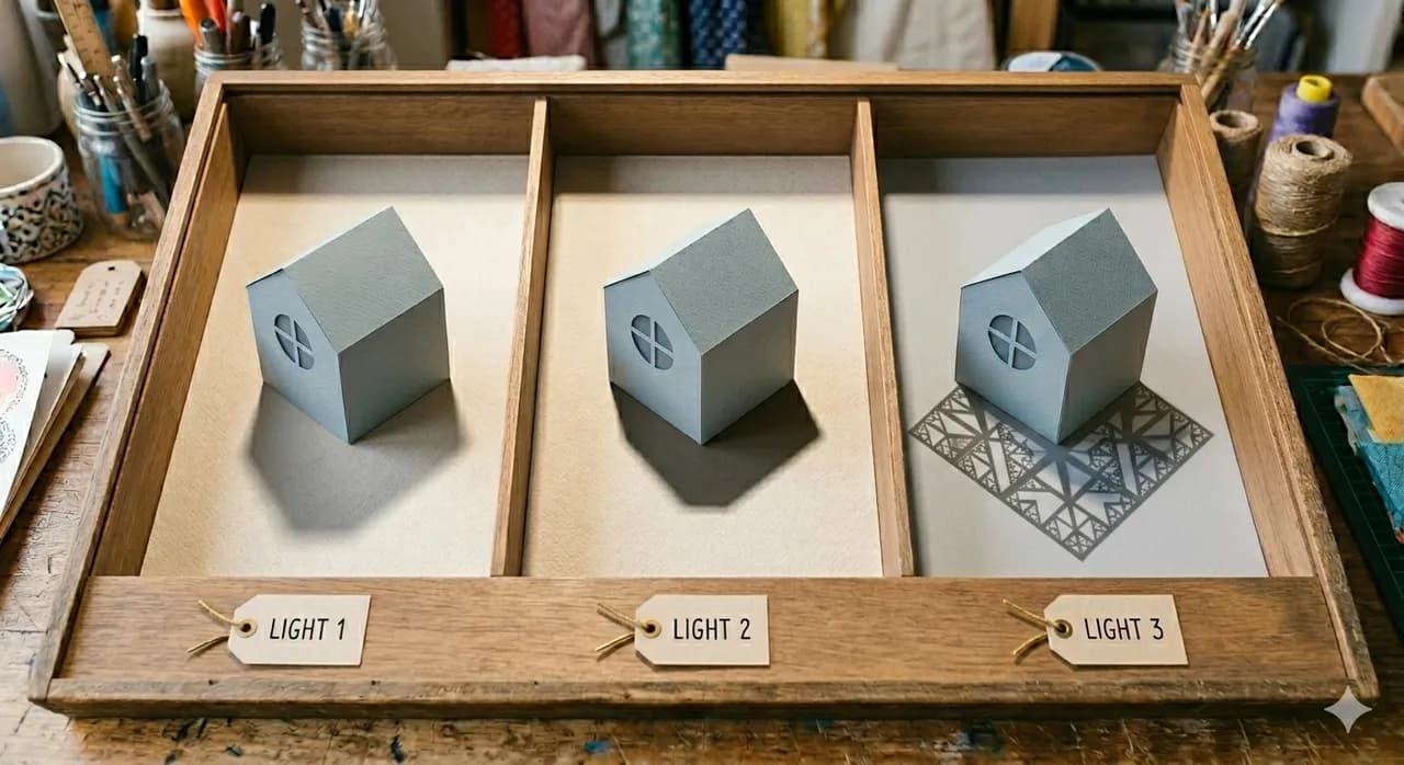 Three identical geometric shapes casting different shadows