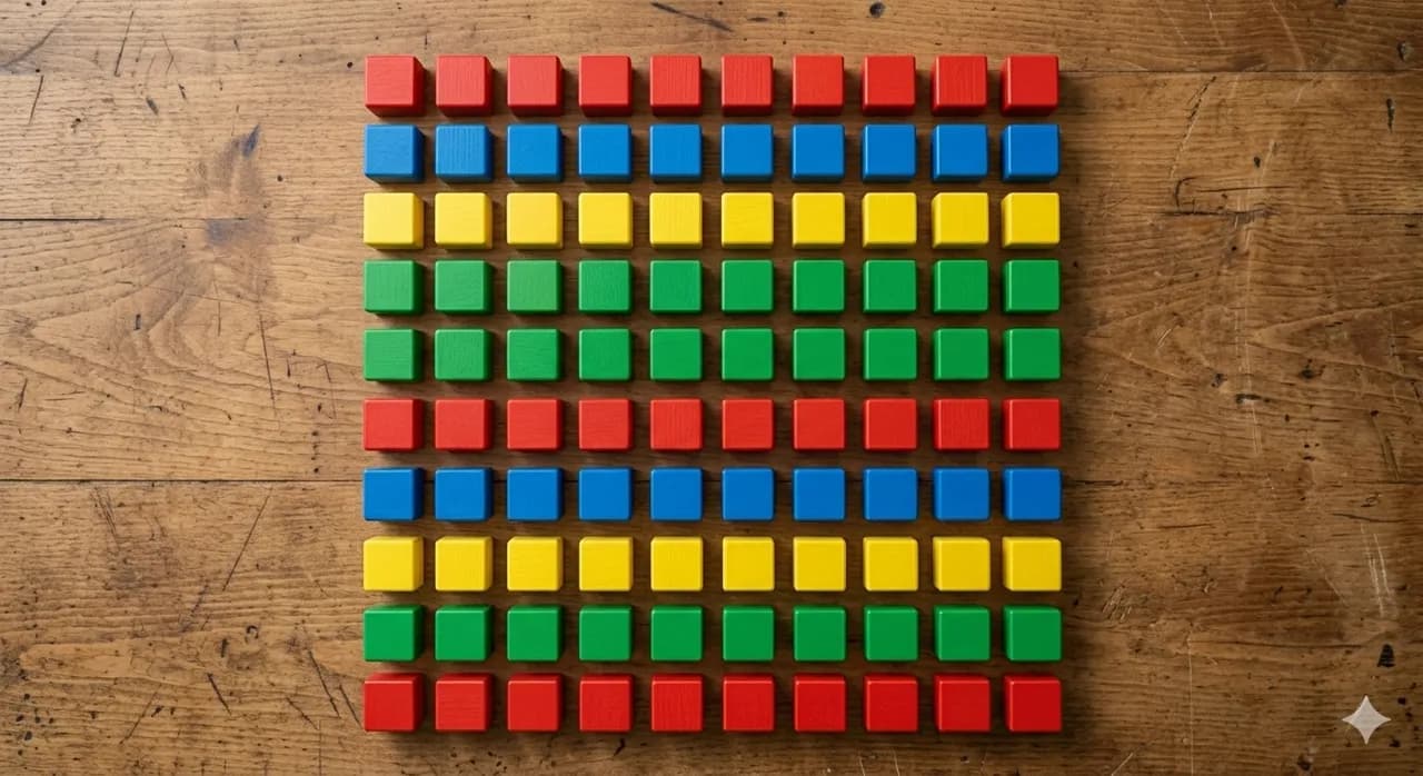 Neatly organized colorful building blocks arranged in a grid pattern