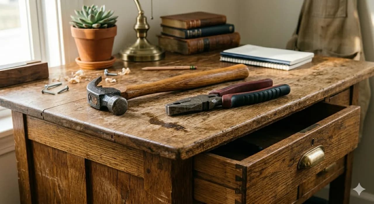 Two different tools resting on the same workbench