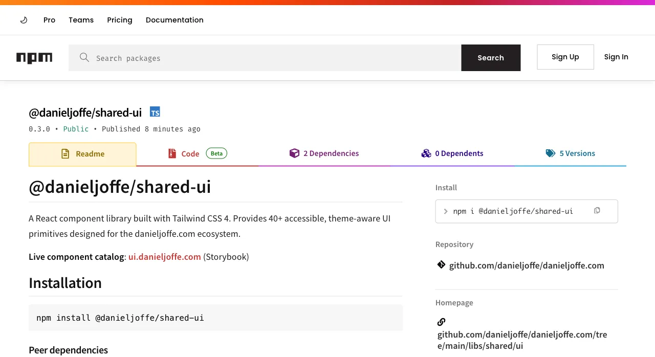The npm registry page for the @danieljoffe/shared-ui package