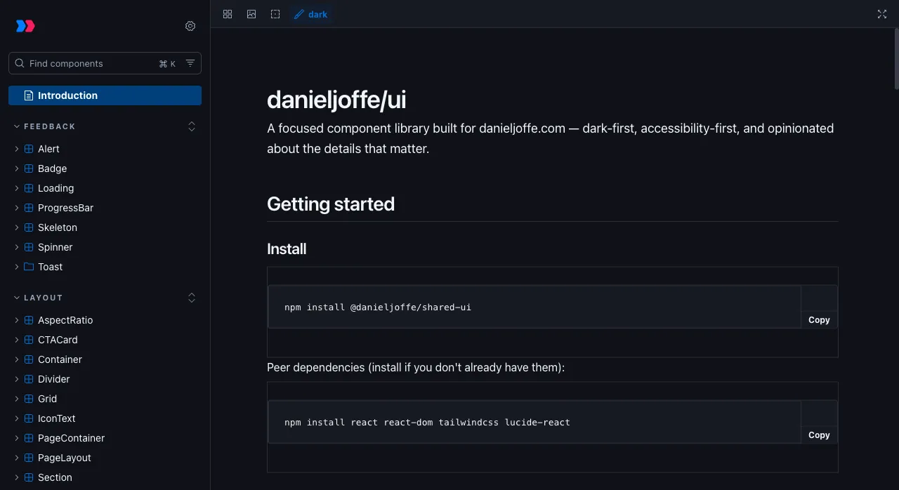 The Storybook component catalog for the shared-ui library