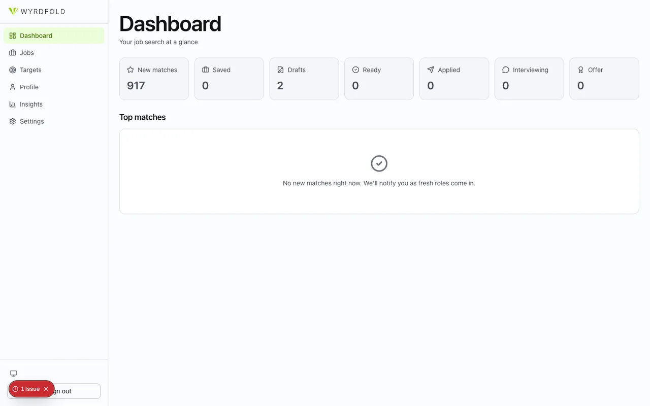 WyrdFold dashboard with a New matches counter at 917 and pipeline columns for Saved, Drafts, Ready, Applied, Interviewing, and Offer