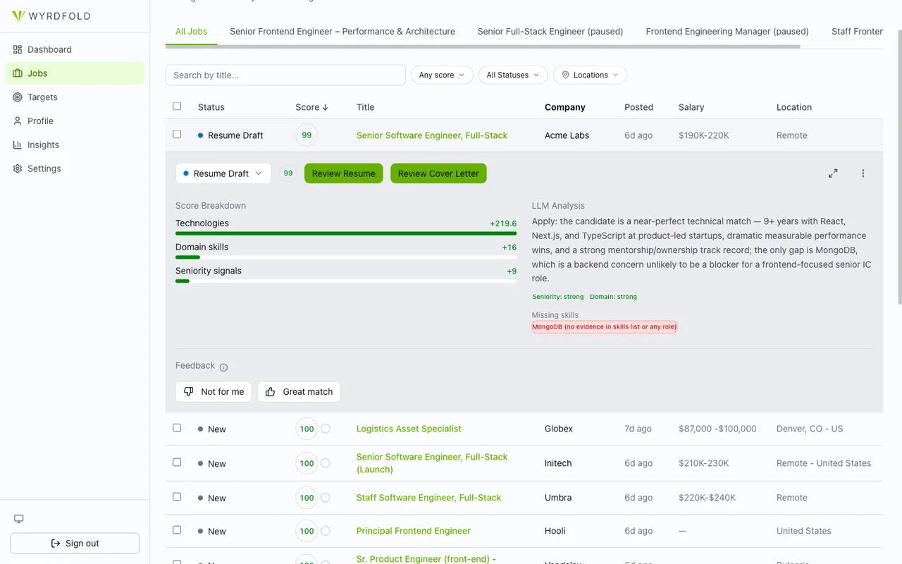 Expanded job match showing a Score Breakdown for Technologies, Domain skills, and Seniority signals alongside an LLM Analysis with reasoning and a flagged missing skill