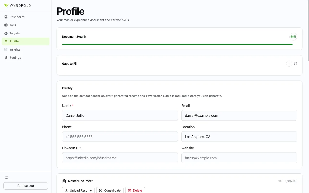 WyrdFold profile page showing a Document Health indicator at 98 percent, a Gaps to Fill section, and a versioned Master Document