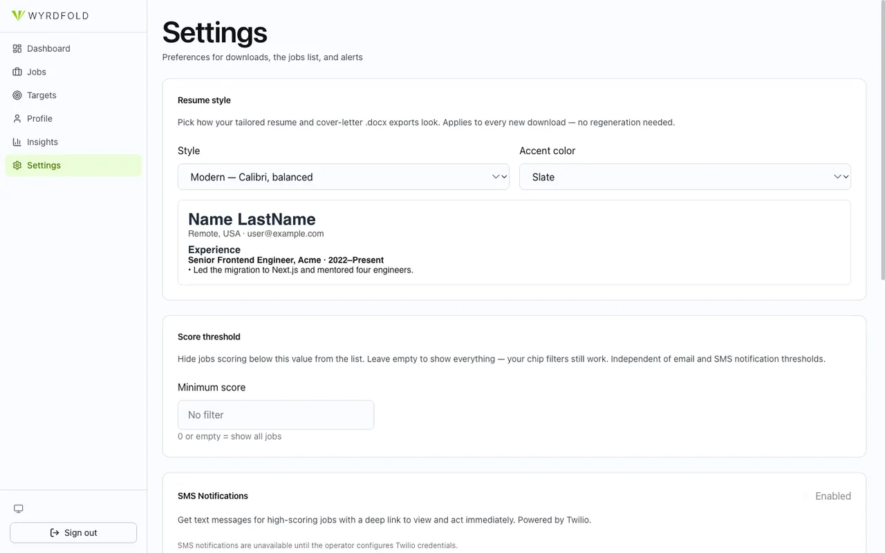 WyrdFold settings showing resume style and accent options, a match score threshold, and SMS notification preferences